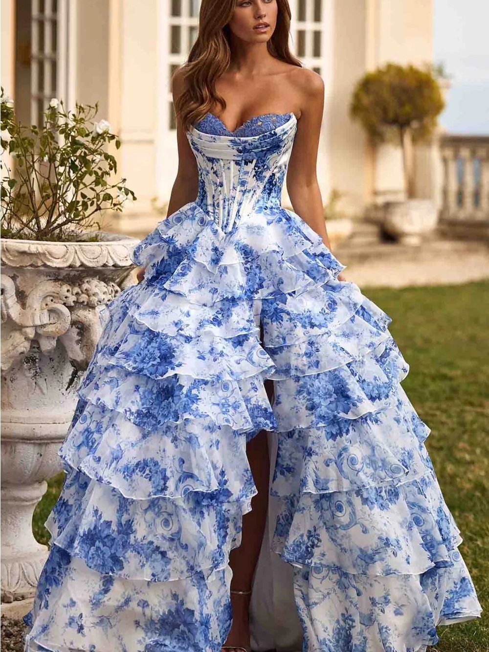 Sherri Hill 57250 White and Blue Strapless Floral Corset Ruffle Ball Gown